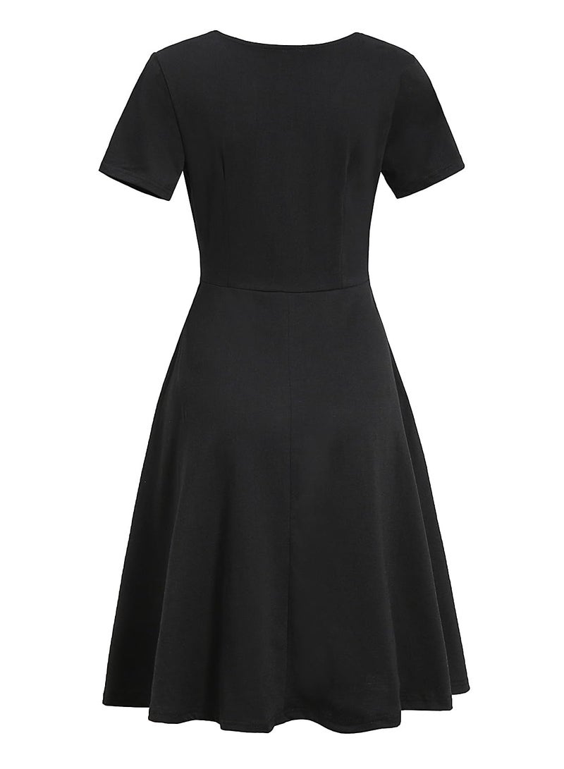 HELYO Fit and Flare Dresses for Woman Faux Wrap Criss-Cross V-Neck Short Sleeve Floral Print Work Casual Party Tea Dress with Pockets 980 Black M - Image 4